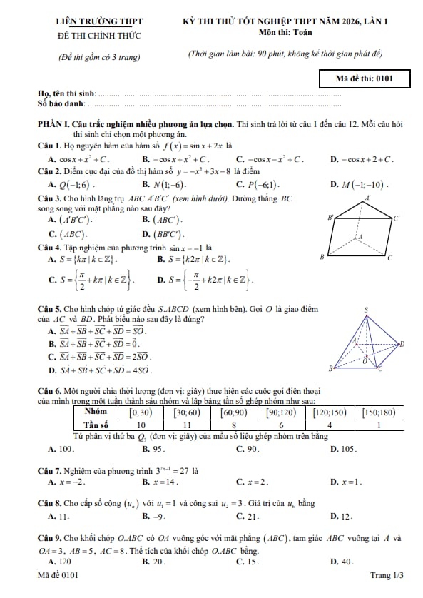 đề thi thử tn thpt 2026 lần 1 môn toán liên trường thpt – hà tĩnh