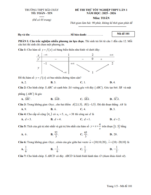 đề thi thử tn thpt 2026 lần 1 môn toán trường thpt bãi cháy – quảng ninh