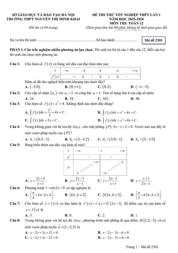 đề thi thử tn thpt 2026 lần 1 môn toán trường thpt nguyễn thị minh khai – hà nội
