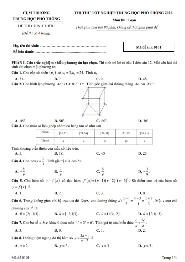 đề thi thử tn thpt 2026 môn toán lần 2 trường chuyên phan bội châu – nghệ an