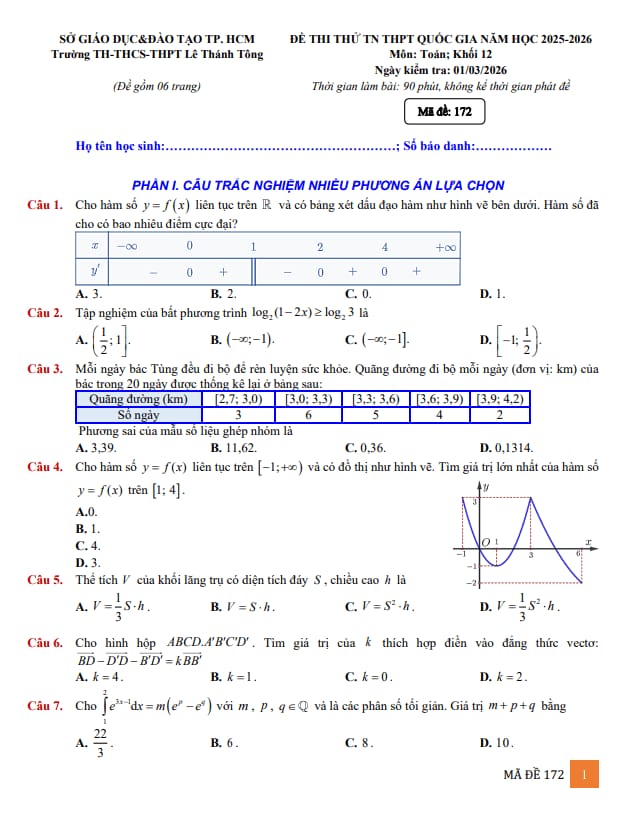 đề thi thử tn thpt 2026 môn toán trường lê thánh tông – tp hcm