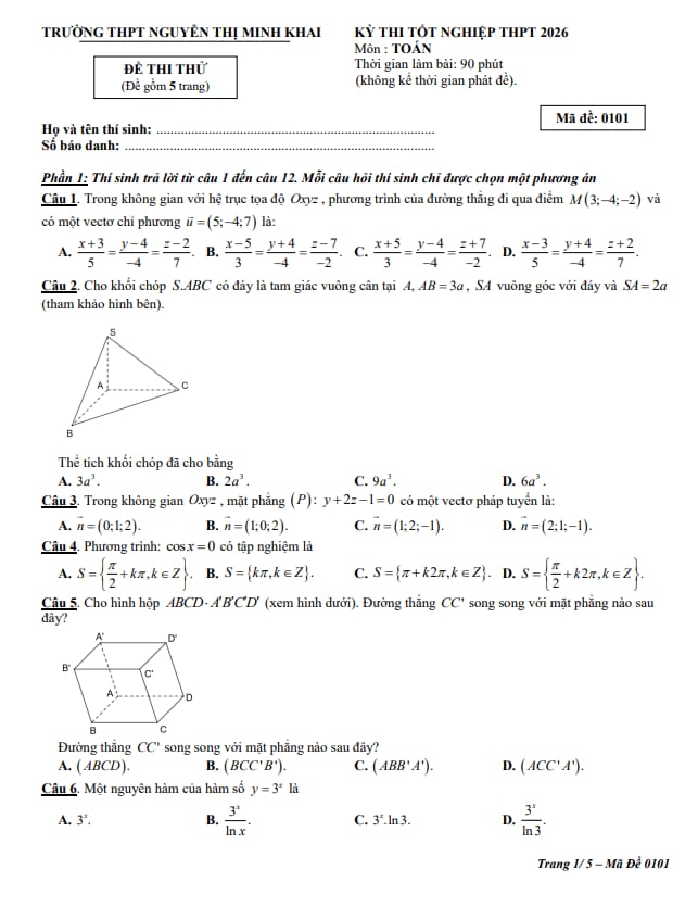 đề thi thử tn thpt 2026 môn toán trường thpt nguyễn thị minh khai – khánh hòa