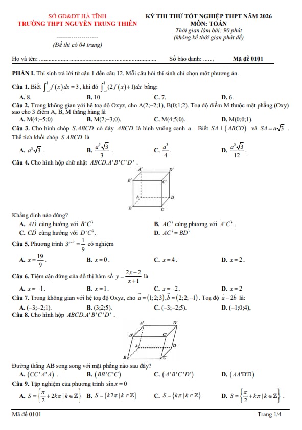 đề thi thử tn thpt 2026 môn toán trường thpt nguyễn trung thiên – hà tĩnh