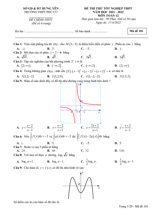 đề thi thử tn thpt môn toán năm 2021 – 2022 trường thpt phù cừ – hưng yên