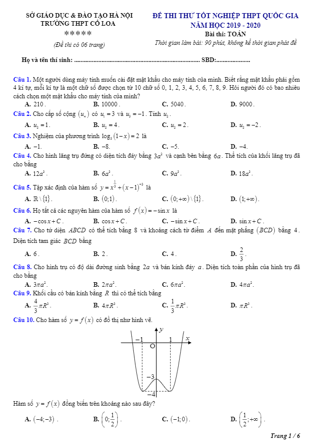 đề thi thử tn thpt quốc gia 2020 môn toán trường thpt cổ loa – hà nội