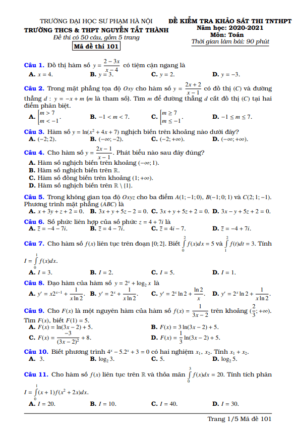 đề thi thử tnthpt 2021 môn toán trường nguyễn tất thành – hà nội