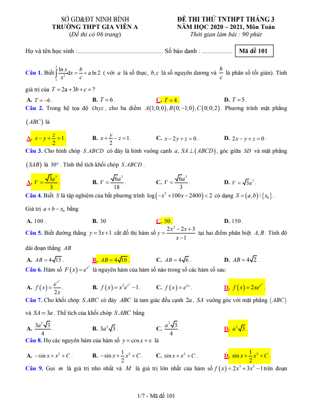đề thi thử tnthpt tháng 3/2021 môn toán trường gia viễn a – ninh bình