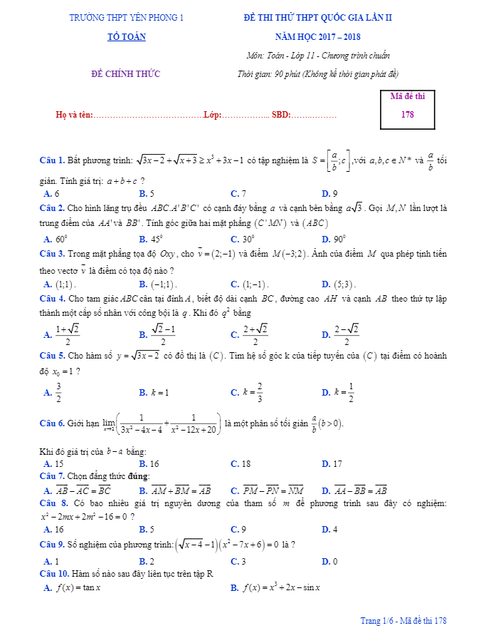 đề thi thử toán 11 thptqg 2018 trường yên phong 1 – bắc ninh lần 2