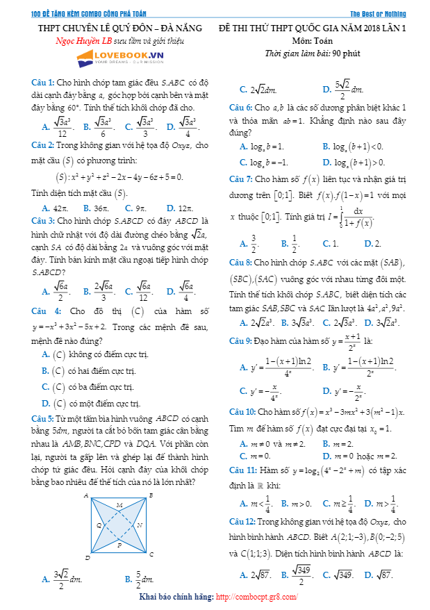đề thi thử toán 2018 lần 1 trường thpt chuyên lê quý đôn – đà nẵng