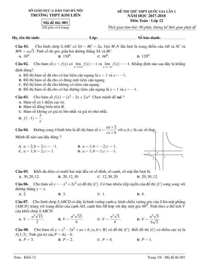 đề thi thử toán 2018 thpt quốc gia lần 1 trường thpt kim liên – hà nội