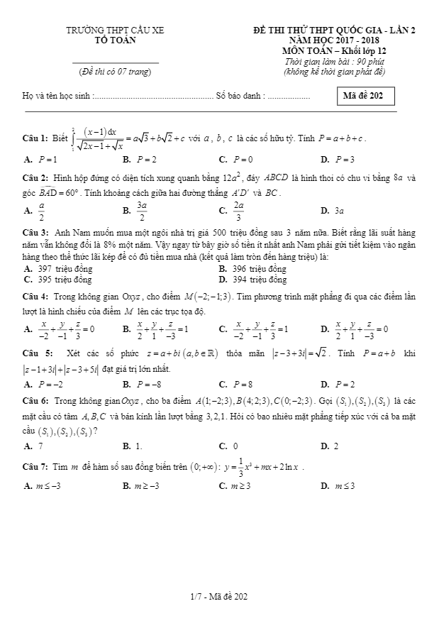đề thi thử toán 2018 thpt quốc gia trường thpt cầu xe – hải dương lần 2