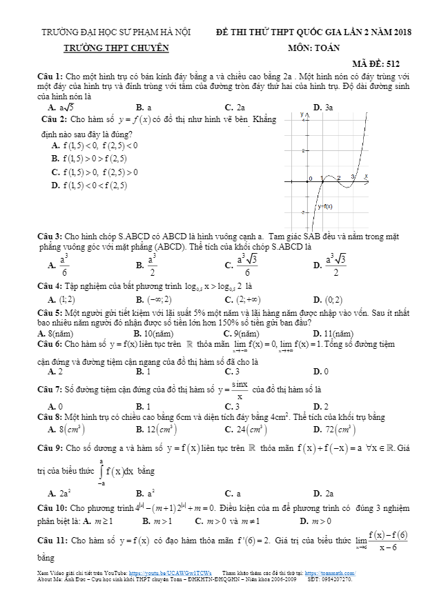 đề thi thử toán 2018 thpt quốc gia trường thpt chuyên đh sư phạm hà nội lần 2