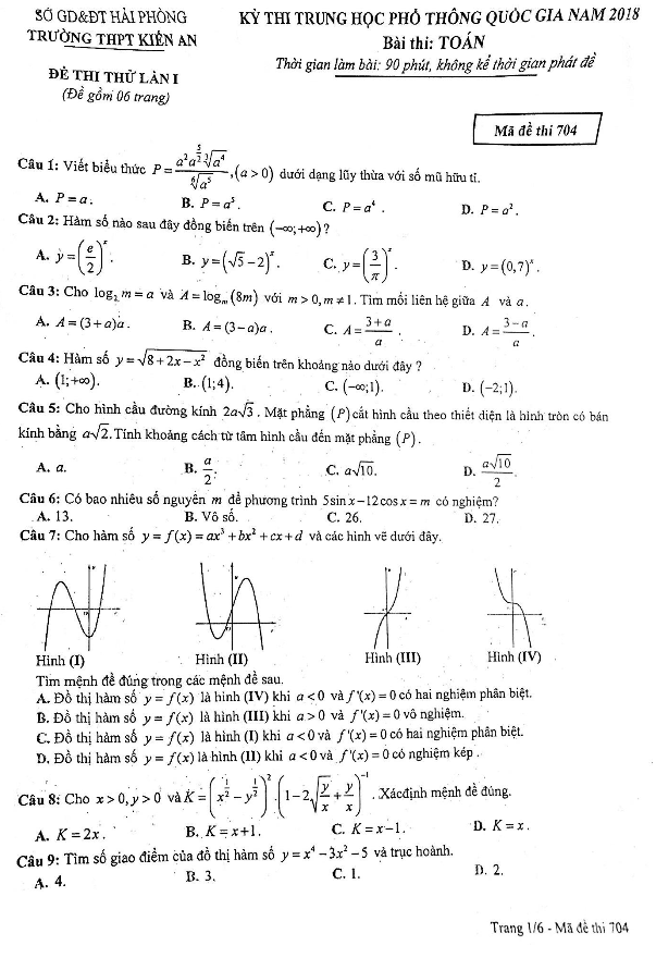 đề thi thử toán 2018 thpt quốc gia trường thpt kiến an – hải phòng lần 1
