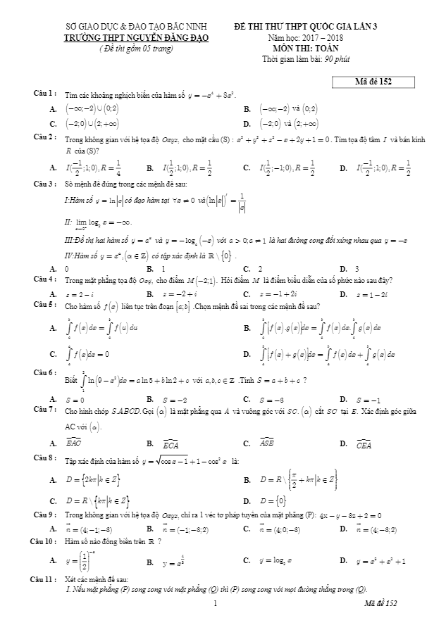 đề thi thử toán 2018 thptqg trường thpt nguyễn đăng đạo – bắc ninh lần 3