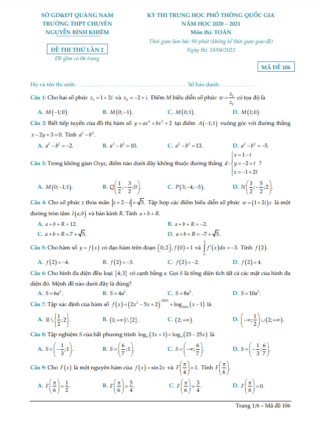 đề thi thử toán thpt 2021 lần 2 trường chuyên nguyễn bỉnh khiêm – quảng nam