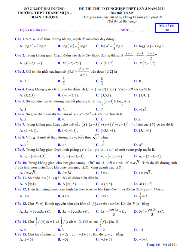 đề thi thử toán thpt 2021 lần 3 trường thpt thanh miện & đoàn thượng – hải dương