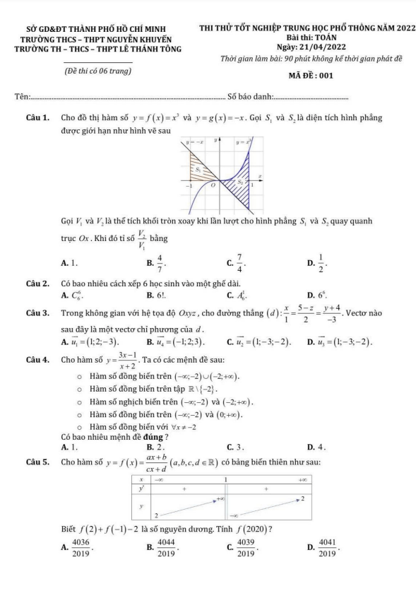 đề thi thử toán thpt 2022 trường nguyễn khuyến & lê thánh tông – tp hcm