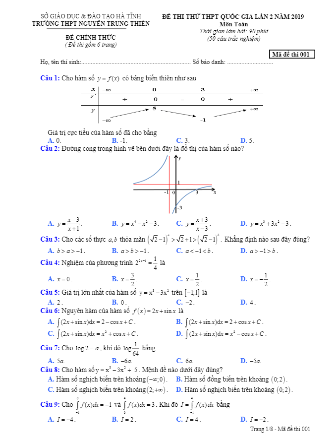 đề thi thử toán thpt qg 2019 lần 2 trường nguyễn trung thiên – hà tĩnh