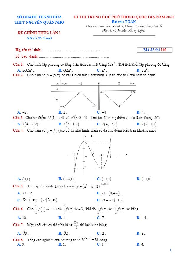đề thi thử toán thpt qg 2020 lần 1 trường nguyễn quán nho – thanh hóa