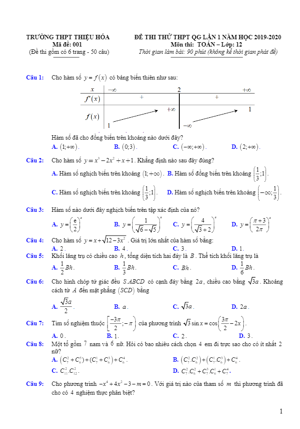 đề thi thử toán thpt qg 2020 lần 1 trường thpt thiệu hóa – thanh hóa