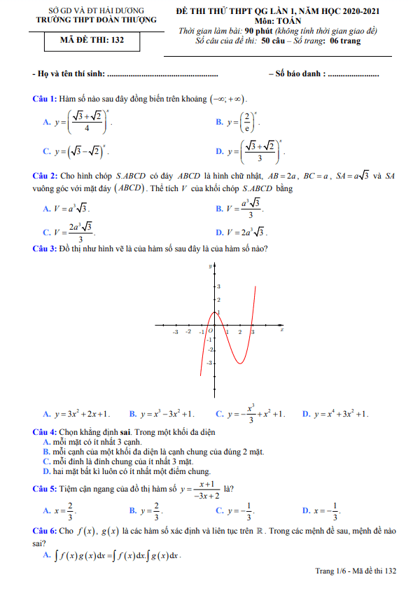 đề thi thử toán thpt qg 2021 lần 1 trường thpt đoàn thượng – hải dương