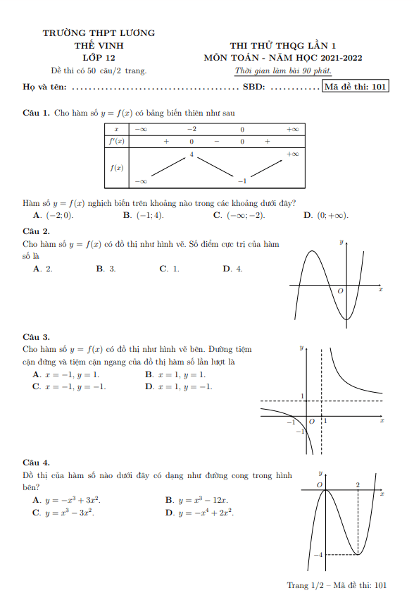 đề thi thử toán thpt qg 2022 lần 1 trường thpt lương thế vinh – hà nội