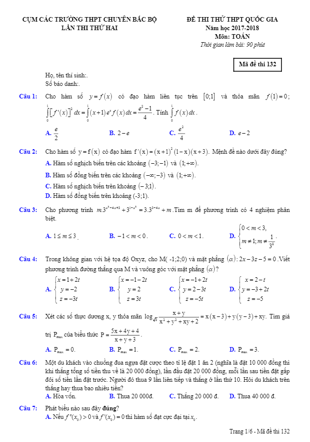 đề thi thử toán thpt quốc gia 2018 cụm các trường thpt chuyên bắc bộ lần 2
