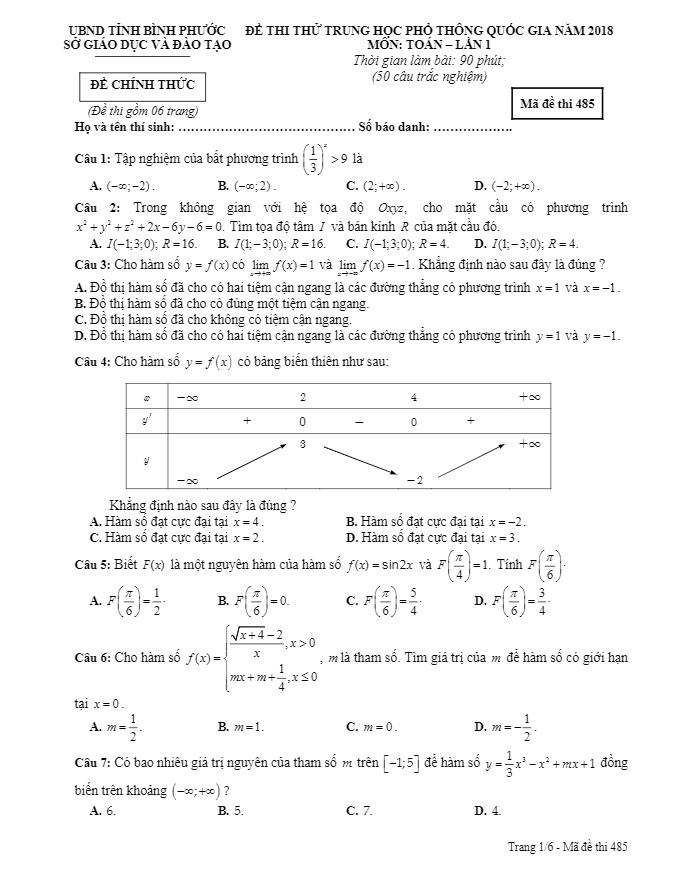 đề thi thử toán thpt quốc gia 2018 sở gd và đt bình phước lần 1
