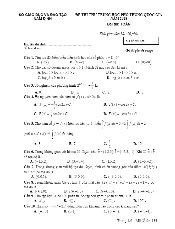 đề thi thử toán thpt quốc gia 2018 sở gd và đt nam định lần 2