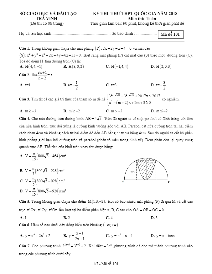 đề thi thử toán thpt quốc gia 2018 sở gd và đt trà vinh