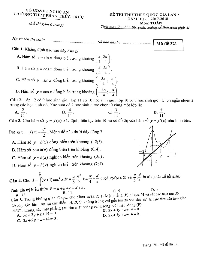 đề thi thử toán thpt quốc gia 2018 trường phan thúc trực – nghệ an lần 2