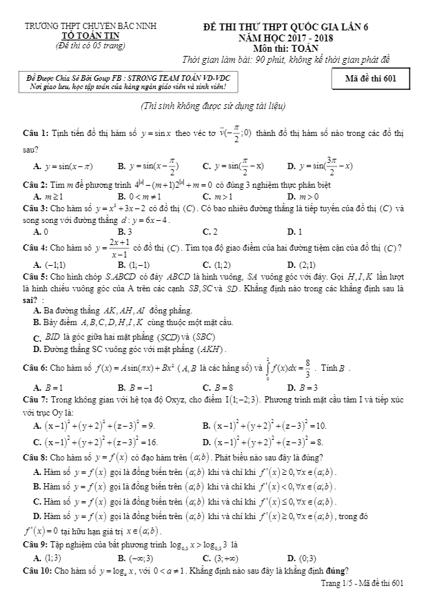 đề thi thử toán thpt quốc gia 2018 trường thpt chuyên bắc ninh lần 6