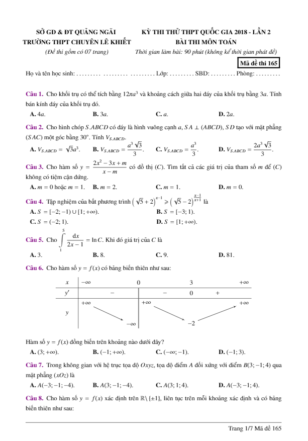 đề thi thử toán thpt quốc gia 2018 trường thpt chuyên lê khiết – quảng ngãi lần 2