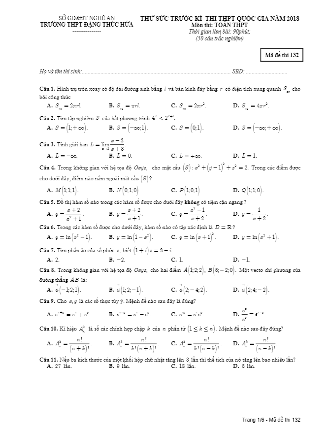 đề thi thử toán thpt quốc gia 2018 trường thpt đặng thúc hứa – nghệ an