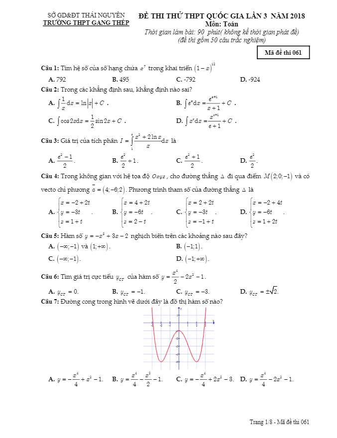 đề thi thử toán thpt quốc gia 2018 trường thpt gang thép – thái nguyên lần 3
