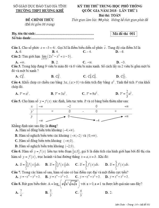 đề thi thử toán thpt quốc gia 2018 trường thpt hương khê – hà tĩnh lần 1