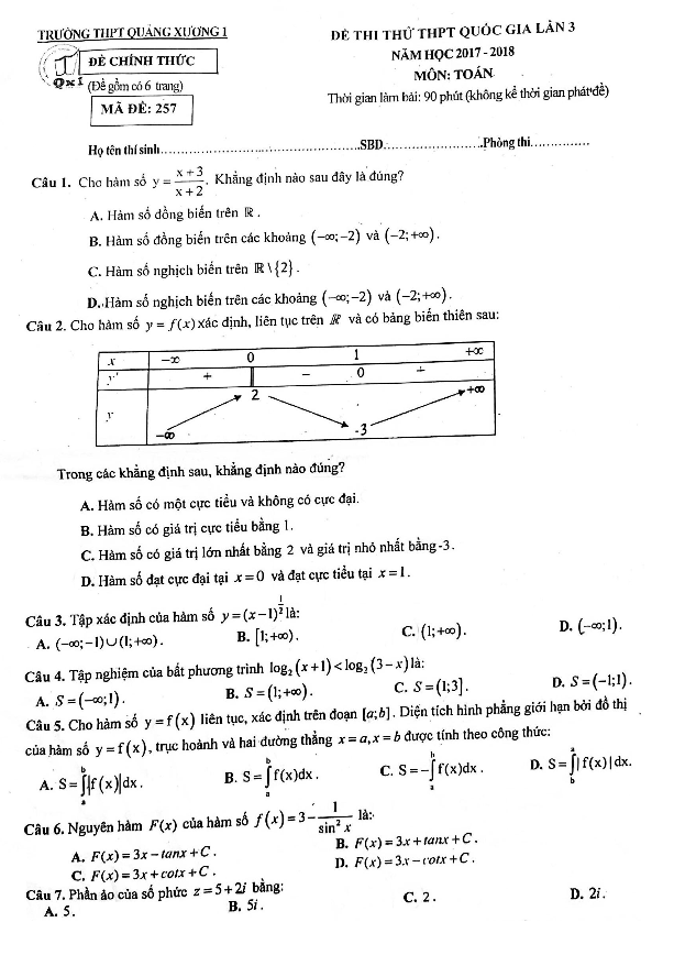 đề thi thử toán thpt quốc gia 2018 trường thpt quảng xương 1 – thanh hóa lần 3