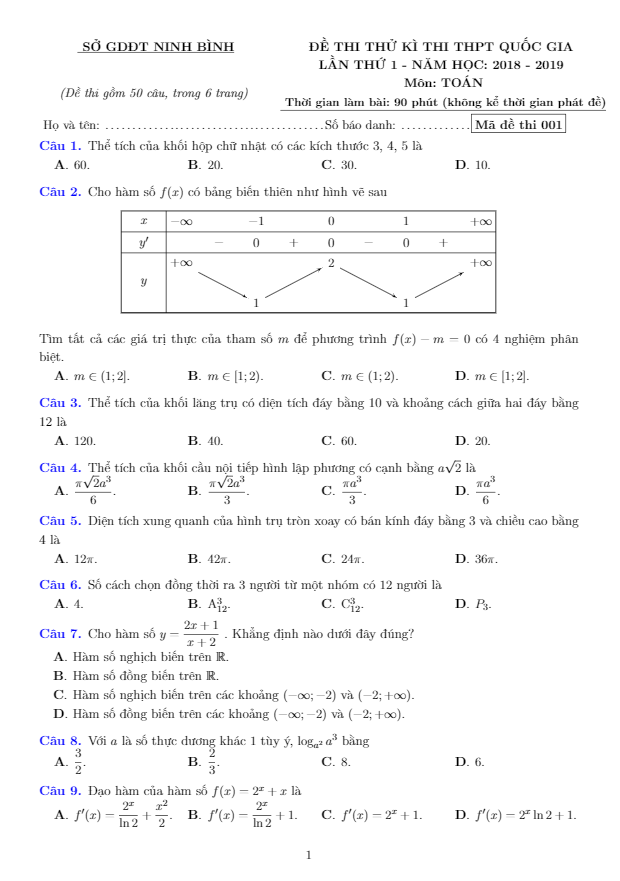 đề thi thử toán thpt quốc gia 2019 lần 1 sở gd&đt ninh bình