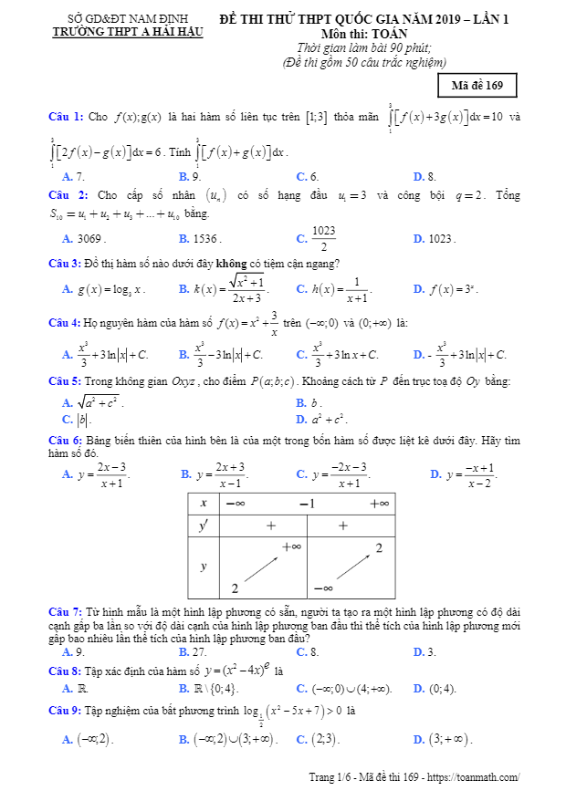 đề thi thử toán thpt quốc gia 2019 lần 1 trường a hải hậu – nam định
