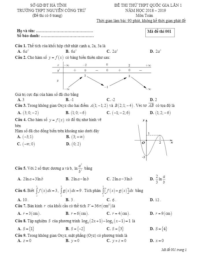 đề thi thử toán thpt quốc gia 2019 lần 1 trường nguyễn công trứ – hà tĩnh