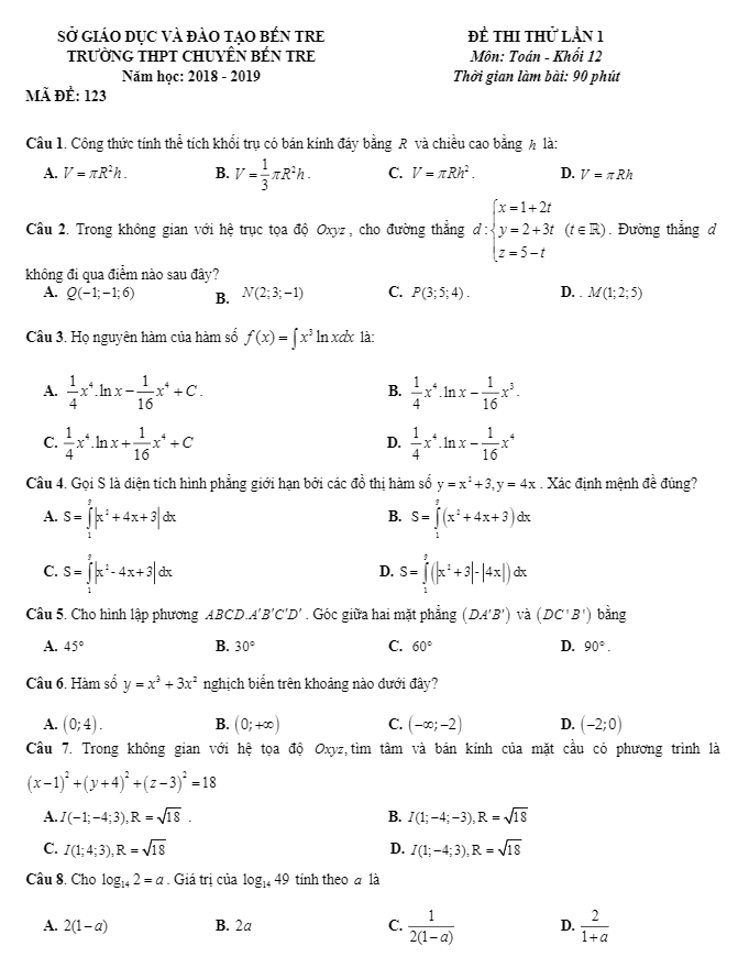đề thi thử toán thpt quốc gia 2019 lần 1 trường thpt chuyên bến tre