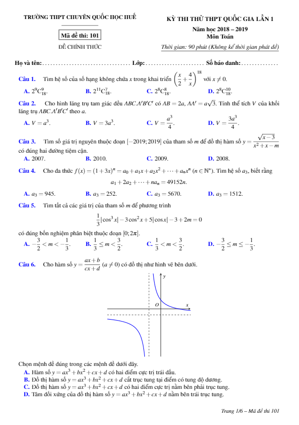 đề thi thử toán thpt quốc gia 2019 lần 1 trường thpt chuyên quốc học huế