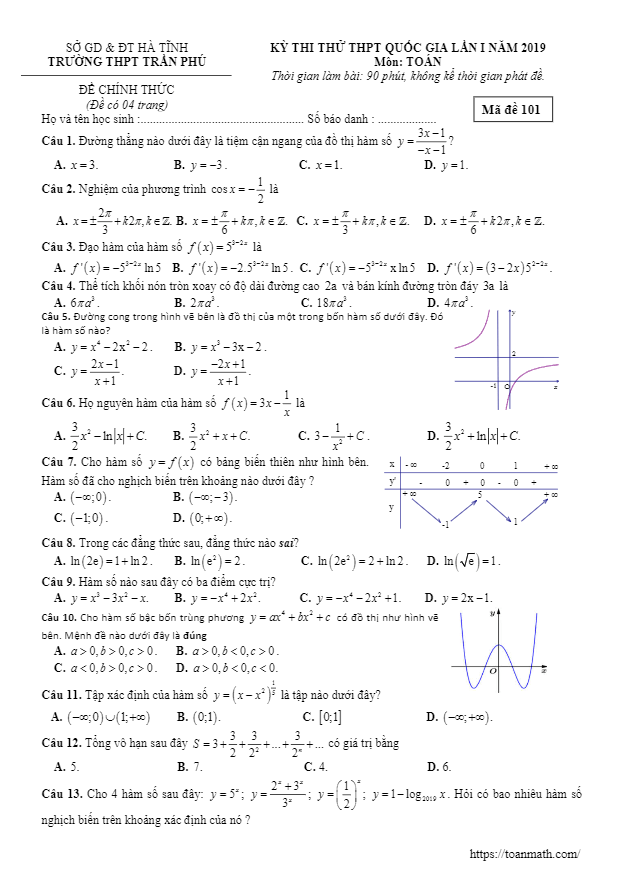 đề thi thử toán thpt quốc gia 2019 lần 1 trường trần phú – hà tĩnh