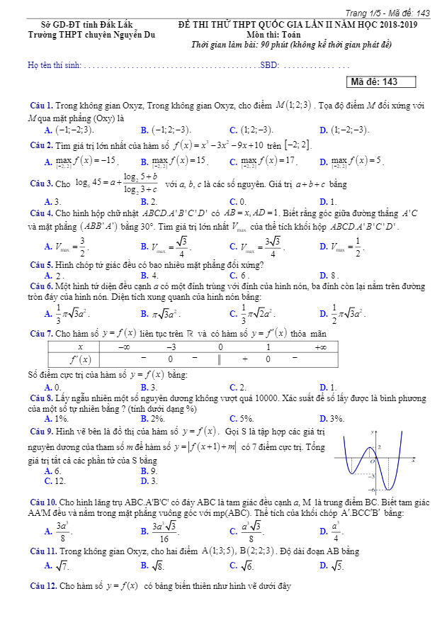 đề thi thử toán thpt quốc gia 2019 lần 2 trường chuyên nguyễn du – đắk lắk