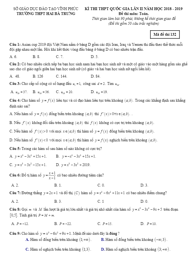 đề thi thử toán thpt quốc gia 2019 lần 2 trường hai bà trưng – vĩnh phúc