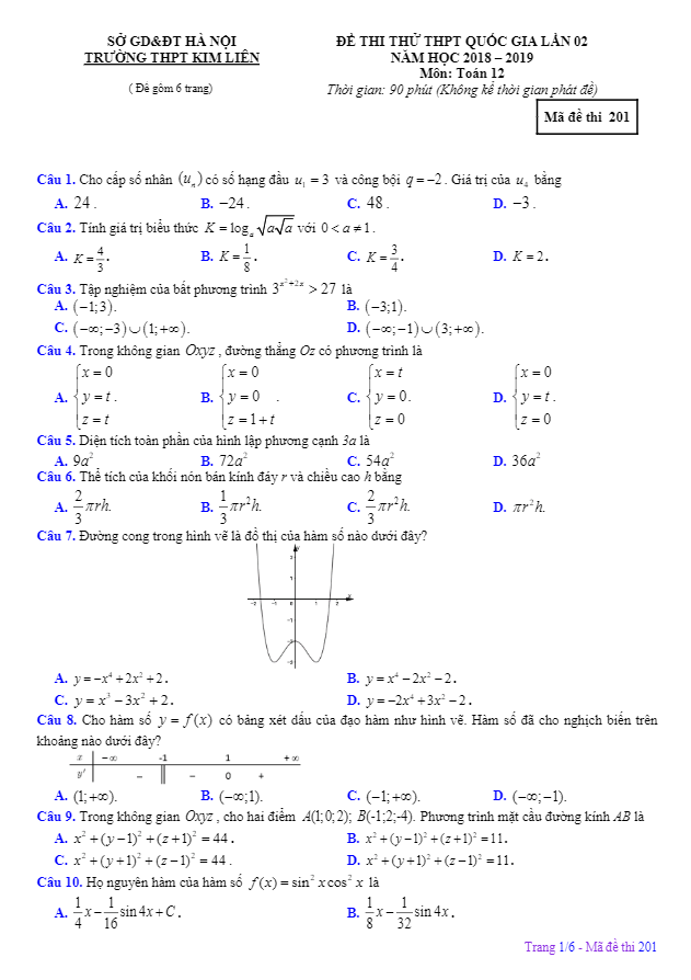 đề thi thử toán thpt quốc gia 2019 lần 2 trường thpt kim liên – hà nội
