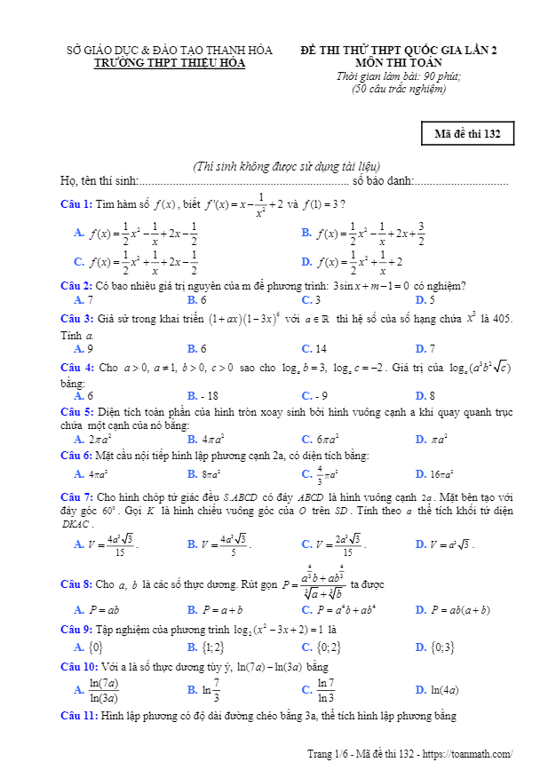 đề thi thử toán thpt quốc gia 2019 lần 2 trường thpt thiệu hóa – thanh hóa