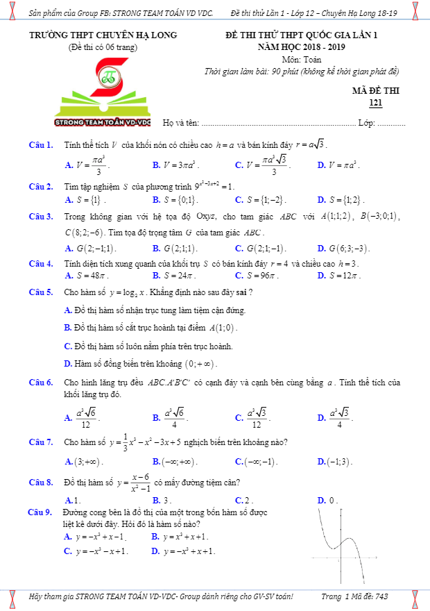 đề thi thử toán thpt quốc gia 2019 trường chuyên hạ long – quảng ninh lần 1