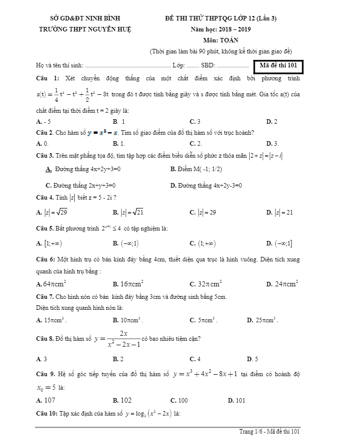 đề thi thử toán thpt quốc gia 2019 trường nguyễn huệ – ninh bình lần 3