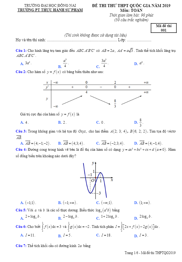 đề thi thử toán thpt quốc gia 2019 trường pt thực hành sư phạm – đồng nai